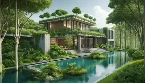 Evolution of biophilic design from early huts to modern sustainable architecture with natural elements.