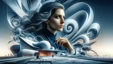 Portrait of a female architect with futuristic architectural designs in the background.