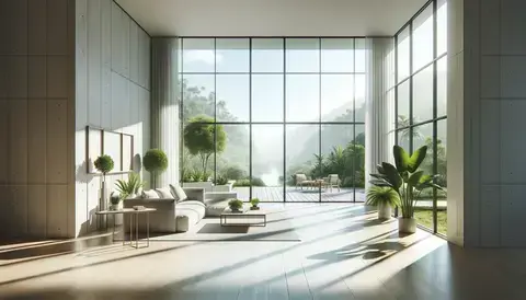 Modern living room with floor-to-ceiling windows and views of a lush landscape.
