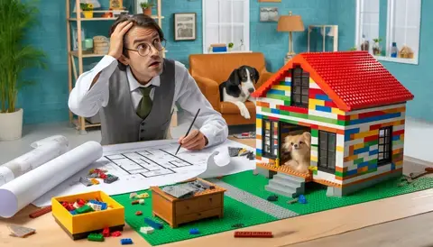 An architect designing a Lego house, looking puzzled as they realize they forgot the bathroom, with a stylish doghouse in the background. The scene is set in a bright, cheerful office.