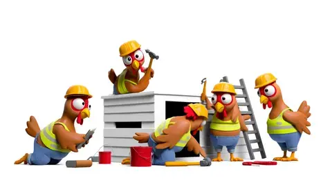 Funny 3D render: chickens in hard hats building nest box.