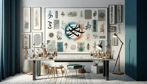 Hybrid calligraphy styles combining traditional scripts with contemporary design, mixed media art.