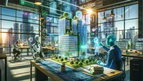 A futuristic scene of an architect collaborating with a holographic AI assistant, designing a modern, eco-friendly skyscraper with vibrant colors and advanced technology.