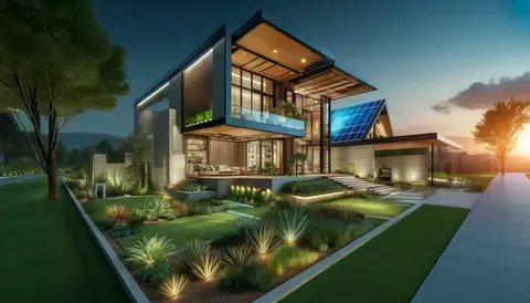 Futuristic home with angular architecture and green roof.