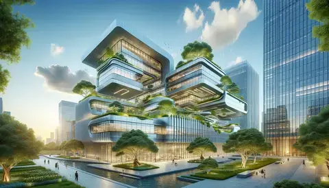 A futuristic building with sleek lines, green roofs, and solar panels in an urban environment.