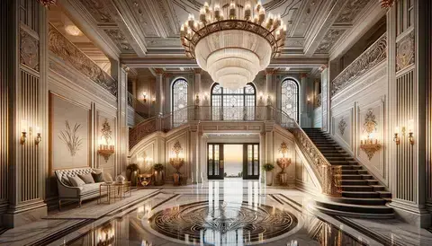 Grand entrance hall with chandelier, marble floors, and intricate ironwork in the Gatsby Mansion.