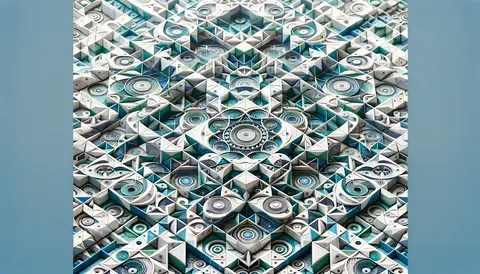 Intricate symmetrical geometric pattern with shades of blue, green, and white.