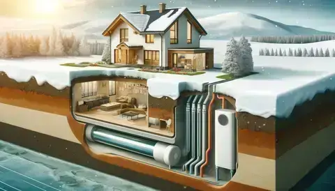 Illustration of a house with geothermal heat pumps.