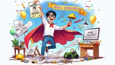 Cartoon character celebrating getting architect license, holding it up with a superhero cape and smile.