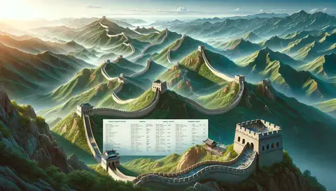 Expansive view of the Great Wall with different construction techniques and historical timeline.
