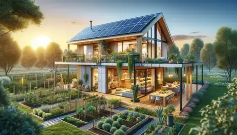 Modern, healthy, sustainable house with solar panels, rainwater harvesting, bamboo flooring, and a lush garden.