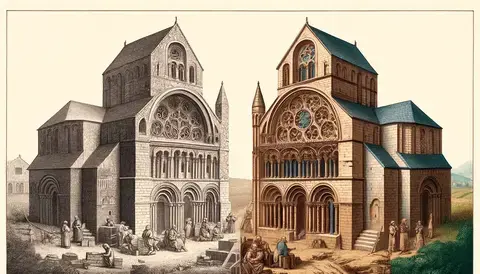 Historical depiction of Romanesque and Gothic architectural styles.