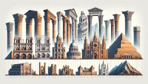 Depiction of architectural history from ancient to modern times.