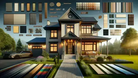 House front with various architectural features, materials, colors, and finishes.