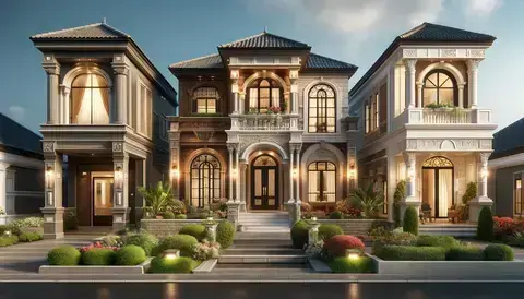 Stunning render showcasing house front design elements: columns, arches, and various materials