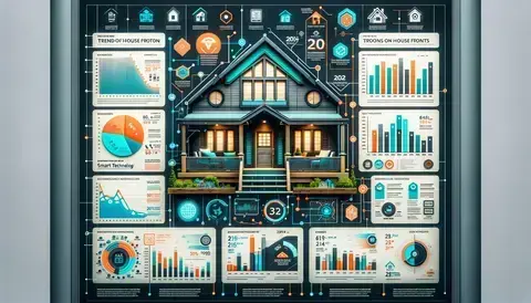  Infographics, charts, and graphs showing house front design trends in smart tech, materials, and styles.