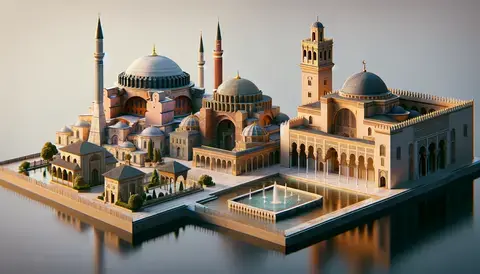 Iconic Islamic structures: Hagia Sophia, Alhambra, and Great Mosque of Córdoba side by side.
