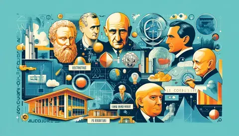 Illustration of influential architectural theorists: Vitruvius, Le Corbusier, Wright, Venturi, and contemporary figures.
