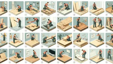 Illustrations of installation methods for engineered wood flooring, including click-lock, gluing, and floating.