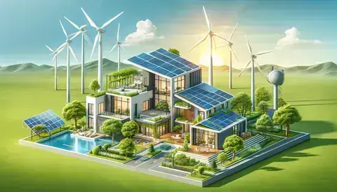 Modern building with solar panels, wind turbine, and geothermal system.