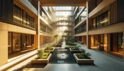 Interior courtyard of a modern building with natural sunlight and greenery.