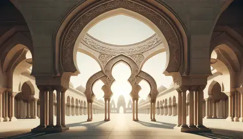 Diverse Islamic arches in a mosque, detailed with geometric patterns and calligraphy.