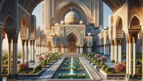 Islamic architectural complex with arches, domes, and intricate patterns in a serene garden setting.