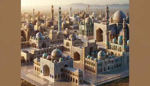 Islamic architectural complex with arches and domes in a serene setting.