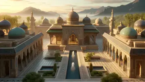 Courtyard view of iconic Islamic structures with lush greenery and water features.