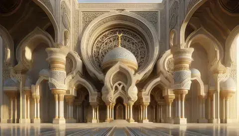 Islamic architecture with various arches and domes, adorned with geometric patterns and calligraphy.