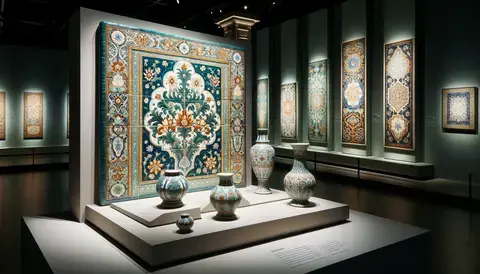 Cairo's Islamic Art Museum: exhibit showcasing beautifully decorated Iznik tiles with intricate patterns and vibrant colors.