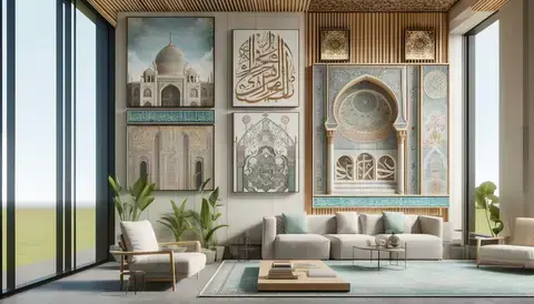 Islamic calligraphic facades on mosques, interior decorative panels, and traditional architectural elements.