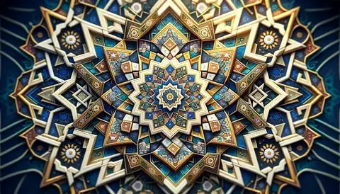 Vibrant Islamic geometric patterns with blues, golds, and whites.