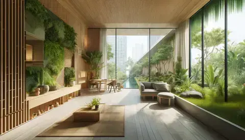 Indoor space with living wall, natural light, wooden furniture, and views of a garden.
