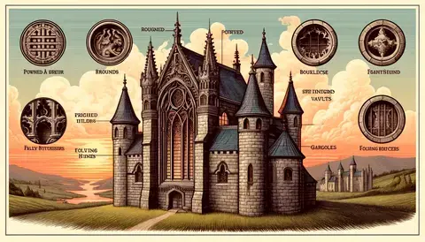 Illustration showing key characteristics of medieval architecture.