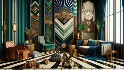 Showcasing key characteristics of 1920s Art Deco: geometric patterns, luxurious materials, vibrant colors.