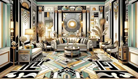 Living room with 1920s decor, featuring geometric shapes, luxurious materials, and vibrant colors.