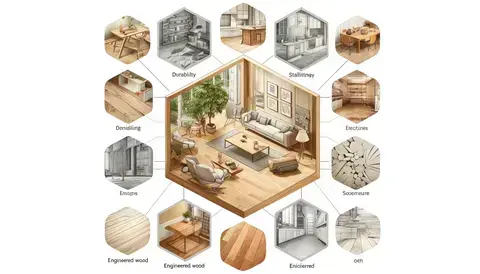 Illustrations showcasing the durability, stability, and aesthetic appeal of engineered wood in various applications.