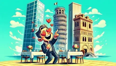 Cartoon character swooning over skyscrapers, old buildings, and a bridge with the Leaning Tower of Pisa.