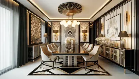 Modern 1920s style dining room with geometric patterns, luxurious materials, and elegant decor.
