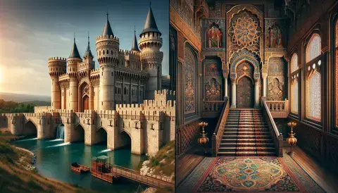 Grand medieval castle with stone walls, drawbridge, towers, and richly decorated interior decor.