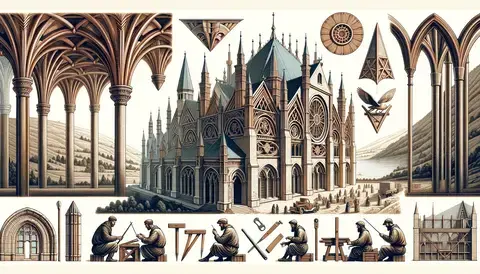 Illustration of medieval architectural innovations like pointed arches and flying buttresses.