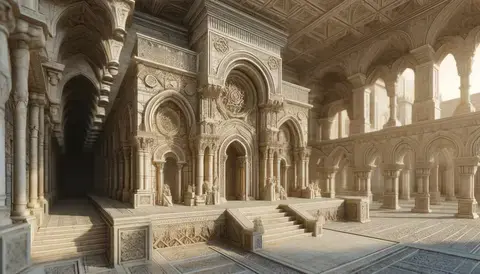 Medieval architecture scene blending Romanesque, Gothic, and Islamic influences.