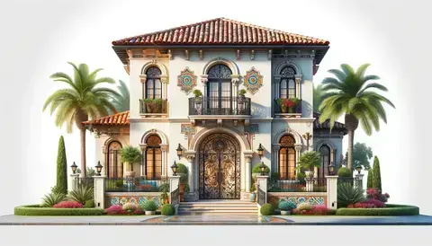Mediterranean house with stucco walls, red-tiled roofs, arched openings, and a central courtyard.