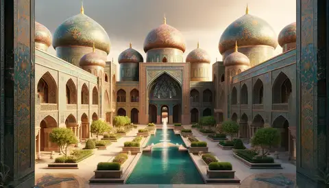 Middle Eastern Islamic architecture, emphasizing large domes, expansive courtyards, and Persian-influenced tile work.