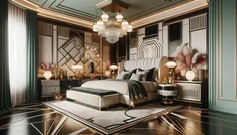 Modern 1920s style bedroom with geometric patterns, luxurious materials, and statement lighting.