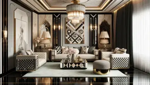 Modern 1920s style living room with geometric patterns, luxurious materials, and statement lighting.