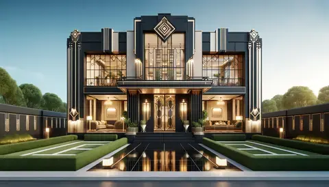 Modern Art Deco house with bold geometric shapes, large glass windows, chrome detailing, and lush greenery.