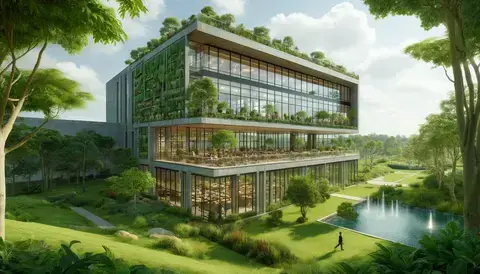 Modern building with large windows, green walls, and a rooftop garden, surrounded by natural landscapes.