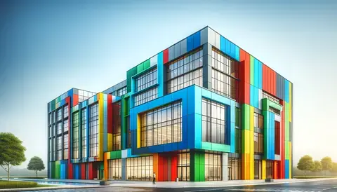 Modern building with colorful exterior.